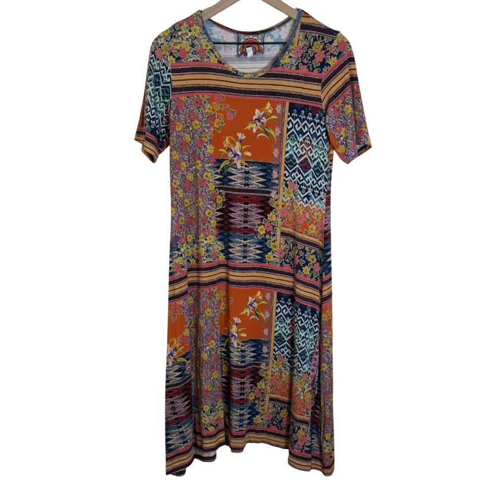 Johnny Was Allie Flower Short Sleeve Midi Swing Dress Size S Bamboo Orange
